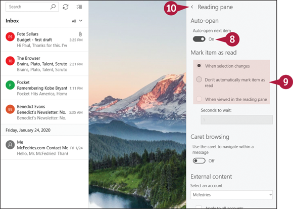 Snapshot of clicking the Auto‐open next item switch to On from the Reading pane settings.