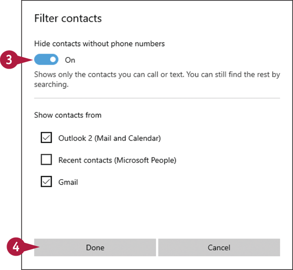 Snapshot of clicking the Hide contacts without phone numbers switch to On in the Filter Contacts dialog box.