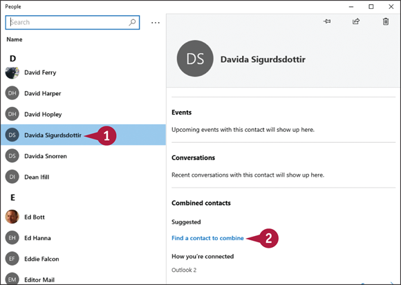 Snapshot of selecting Find a contact to combine.