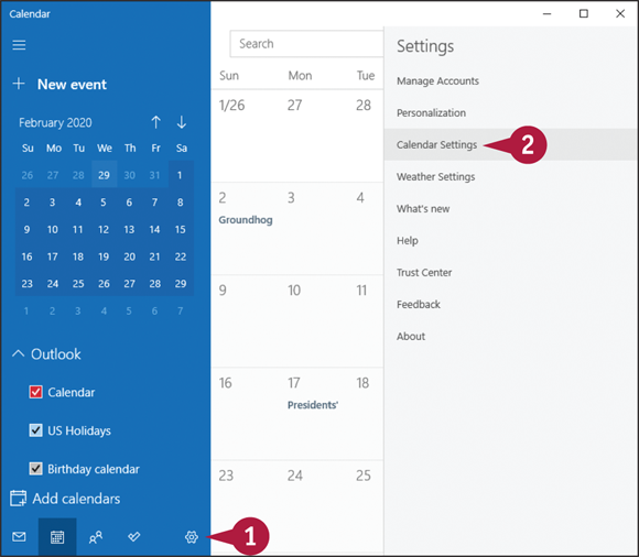 Snapshot of the Calendar settings pane.