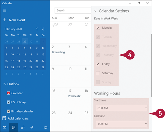 Snapshot of using the Days in Work Week check boxes to
define the workweek and click the start time and end time.