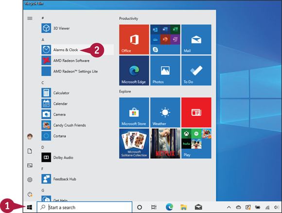 Snapshot of selecting The Alarms & Clock app from the Start menu.