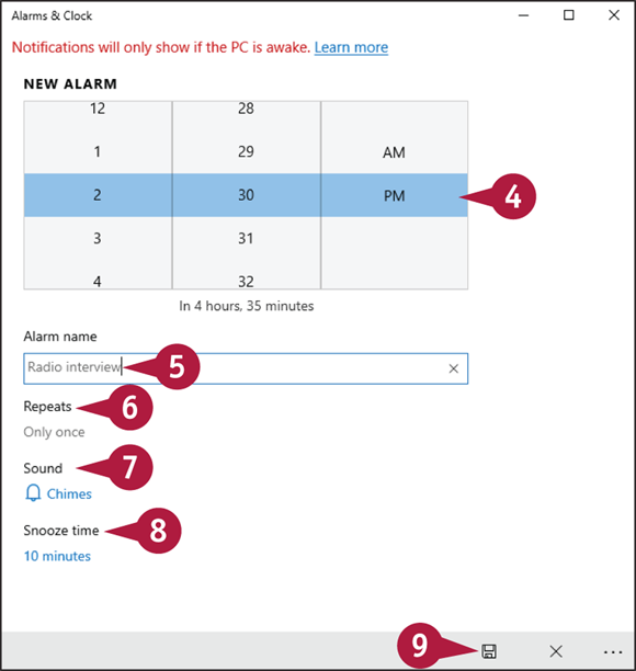 Snapshot of setting the time and proving the name for the alarm. Also select the sound and snooze time.