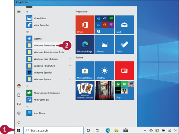 Snapshot of selecting Windows Accessories from the Start menu.