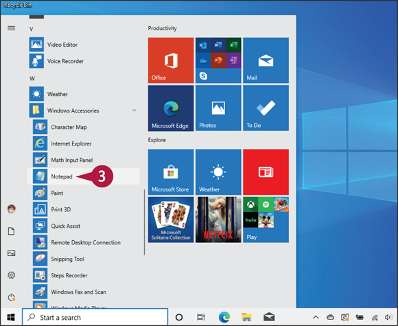Snapshot of selecting Notepad from the Windows Accessories menu.