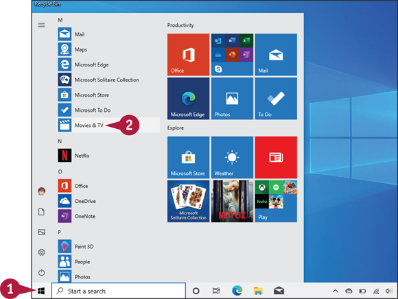 Snapshot of navigating the videos folder by choosing movies and TV from the start menu.