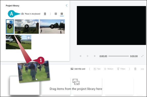 Snapshot of populating the storyboard by clicking and dragging a clip and dropping it inside the storyboard.