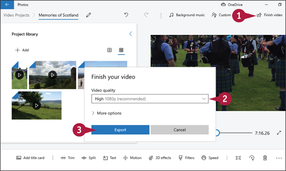 Snapshot of finish your video dialog box from which export is to be clicked.