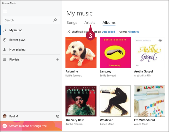 Snapshot of the groove music app with the my music tab selected.