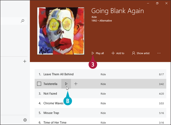 Snapshot of the Groove Music app in which the item and displays a list of songs