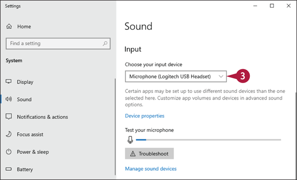 Snapshot of choosing the input device and then clicking the device to be used for the sound input.