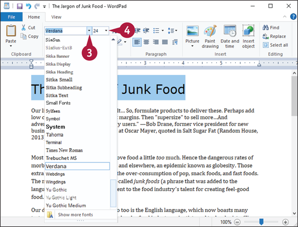 Snapshot of choosing the font type for the selected text by choosing the font list.