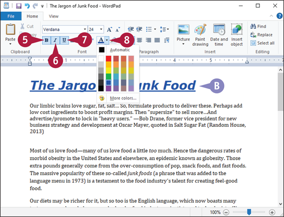 Snapshot of choosing bold, italics, and underline for the selected text.