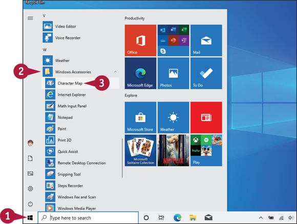 Snapshot of the start menu from which character map is chosen from the windows accessories.