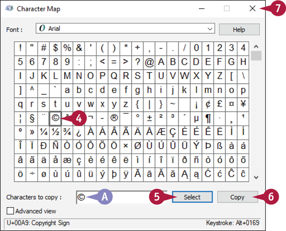 Snapshot of the character map window that adds the symbol to the Characters to Copy text box.