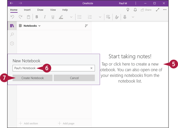 Snapshot of the OneNote app page for creating notebook.