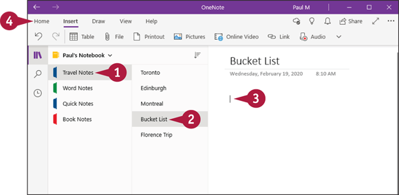 Snapshot of the creation of a bulleted or numbered list using the home tab.