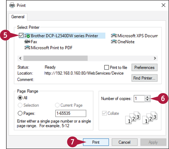 Snapshot of the print dialog box in which the number of copies are selected and a print button.