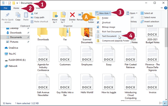 Snapshot of creating a new file by choosing new item from the home tab and then choosing the type of file.