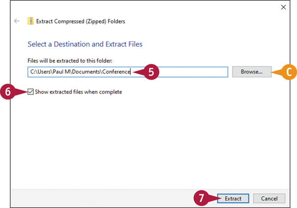 Snapshot of the Select a Destination and Extract
Files dialog box of the Extract Wizard.