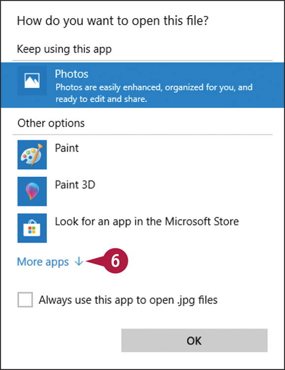 Snapshot of a window that asks how to open this file type with a button called more apps.