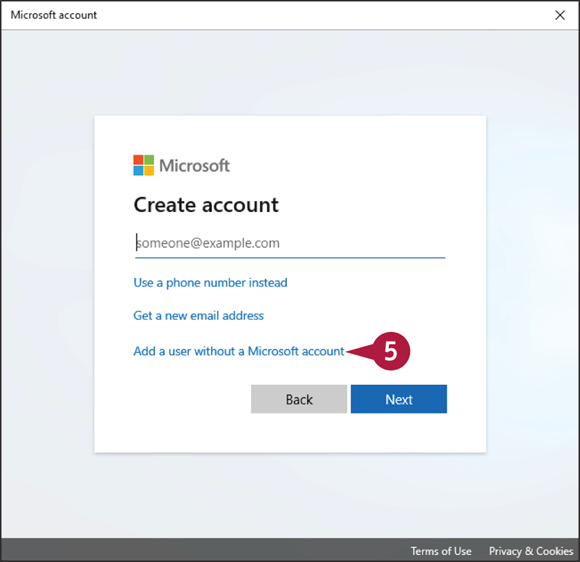 Snapshot of the page for creating Microsoft account in which adding a user without a Microsoft account is highlighted.