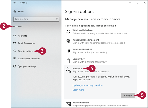 Snapshot of the setting page from which the accounts tab is to be clicked and the sign-in options and then the password is to be chosen.