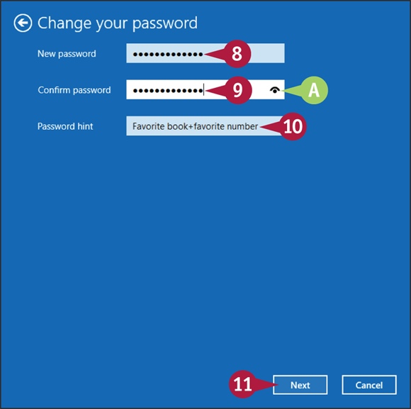 Snapshot of the change your password screen with the boxes for new password, confirm password, and a password hint.