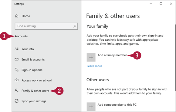 Snapshot of the settings page in which accounts, family and other users and add a family member are indicated.