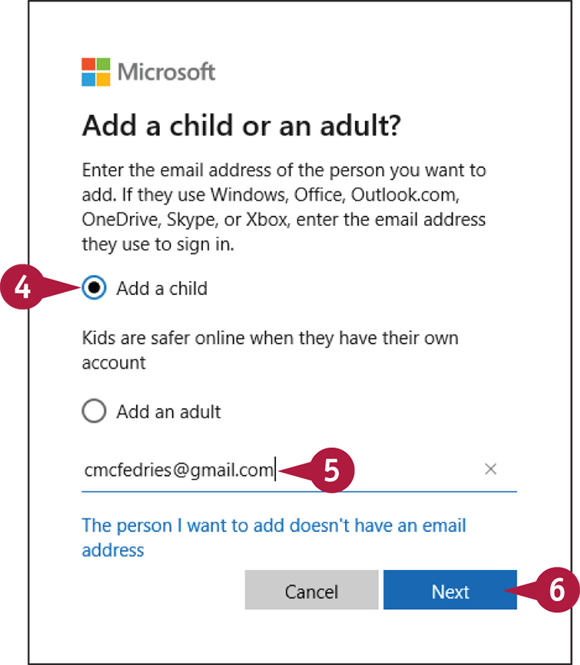 Snapshot of the add a child or adult window in which add a child is chosen.