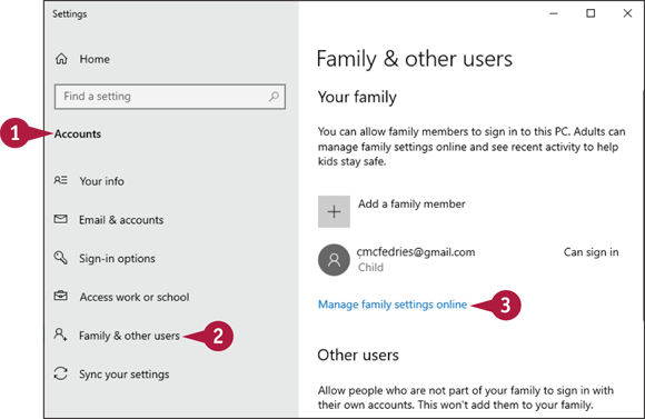 Snapshot of the menu for family and other users from the accounts tab in which manage family settings online is indicated.