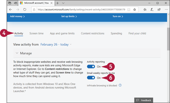 Snapshot of the Edge browser from which the activity tab is active and the switches activity reporting and email weekly reports to me are on.