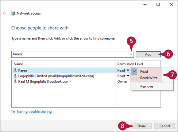 Snapshot of the network access dialog box in which the sharing of files to the mentioned users with the specified permission levels.