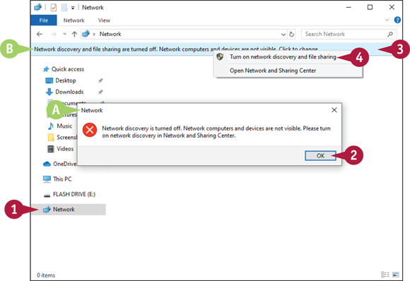 Snapshot of the file explorer page in which network is chosen and then turn on network discovery and file sharing is clicked from the information bar.