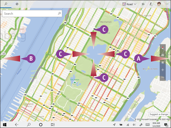 Snapshot of a page with map to describe the different swiping motions.