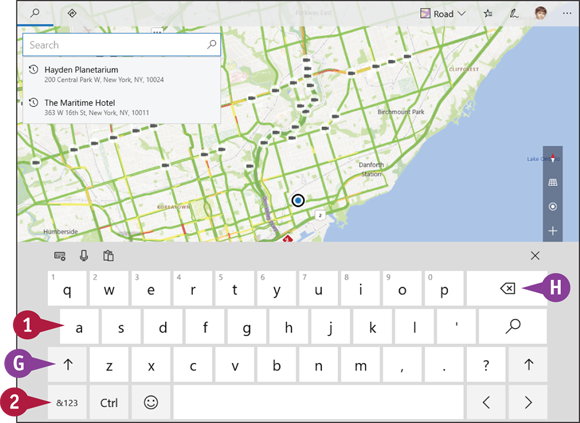 Snapshot of a keyboard in an app page in which the backspace key, caps lock key, and numbers key are indicated.