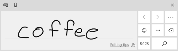 Snapshot of the handwriting panel in which the word coffee is written using stylus.