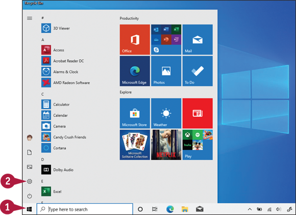 Snapshot of the start menu with the settings icon.