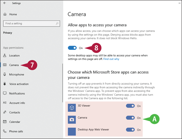 Snapshot of the camera control options from the privacy setting screen.