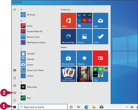 Snapshot of the start menu from which the settings app icon is indicated.