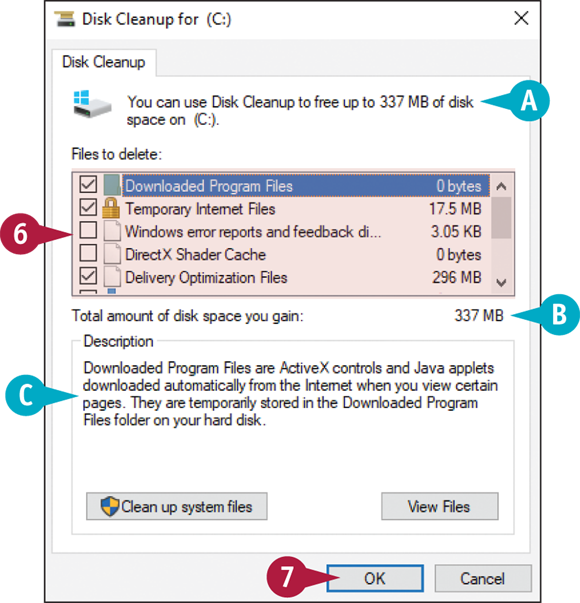 Snapshot of the disk cleanup dialog box that displays the space to be free up.