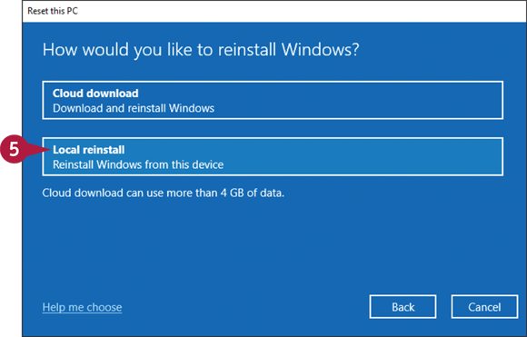 Snapshot of the reset this page screen from which the local reinstall option is chosen.