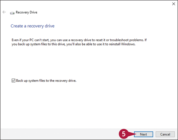 Snapshot of the recovery drive wizard that lets to create a recovery drive.