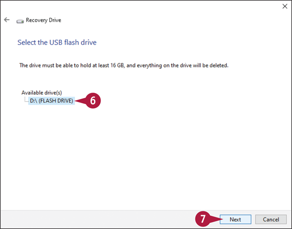 Snapshot of the Recovery Drive Wizard that prompts to
choose the USB flash drive.