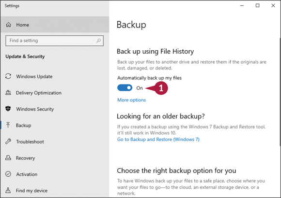 Snapshot of the backup screen that lets to click automatically back up my files switch to on.