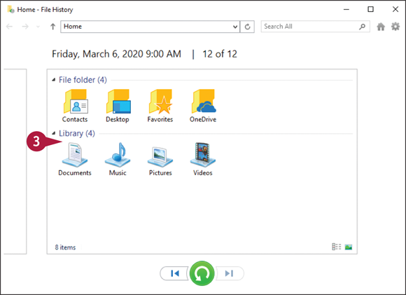 Snapshot of the Home ‐ File History window from which the library icon is chosen.