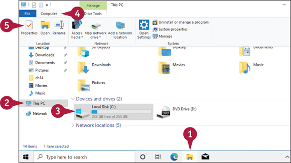 Snapshot of this PC screen from which local disk C is selected and then the properties tab is chosen from the computer category.