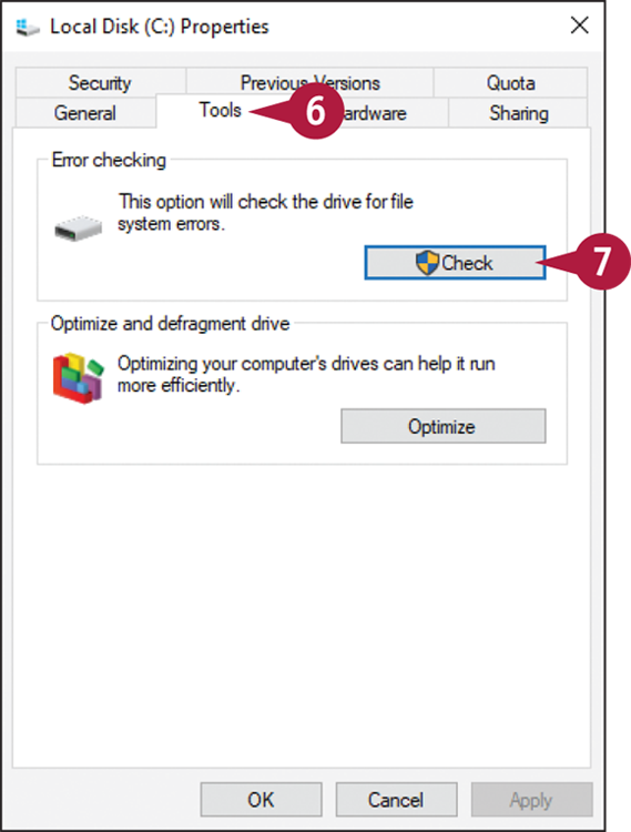 Snapshot of the hard drive’s Properties dialog box from which the check button is chosen from the tools tab.