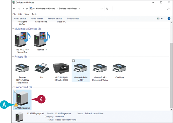 Snapshot of the devices and printers window in which the icon for devices with errors are indicated.