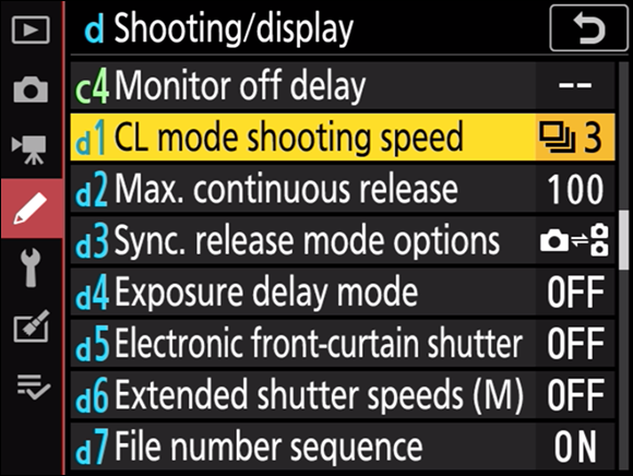 Illustration of the setup menu highlighting the d1 CL Mode Shooting Speed option, to select the desired menu option using the down arrow.